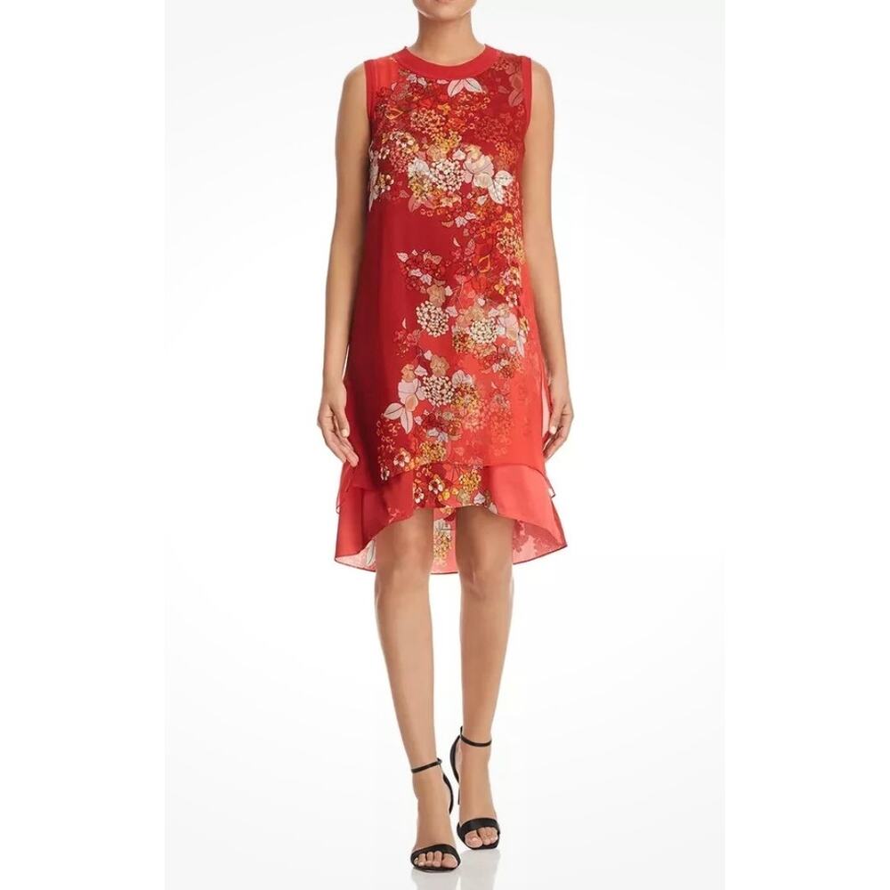 Elie Tahari Luxury Hi Low Red Floral Silk Knee Length Red Dress Medium MSRP:$428